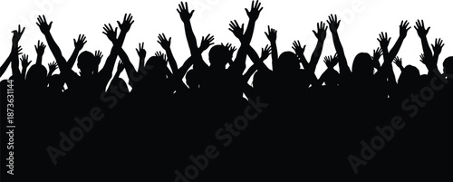 Silhouette cheering crowd with raised hands at concert or rally, people celebrating unity, freedom and energy, concept of excitement, music, festival, teamwork, and joy