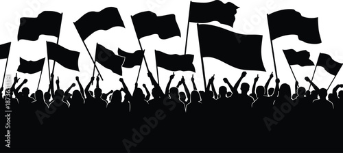 Silhouette crowd waving flags in unity, people cheering together at rally or celebration, concept of freedom, protest, patriotism, teamwork, success, and collective power