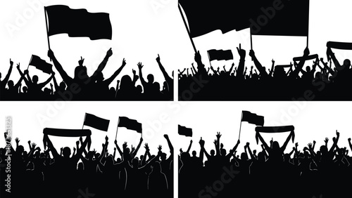 Silhouette crowd collection with flags and banners, people cheering in unity at rally or celebration, concept of freedom, protest, teamwork, energy, and social movement