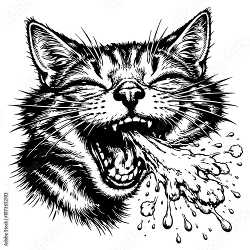 Sick Cat Sneezing or Coughing – Black & White Ink Sketch Illustration, Pet Health Concept for Vet, Sticker, T-Shirt
