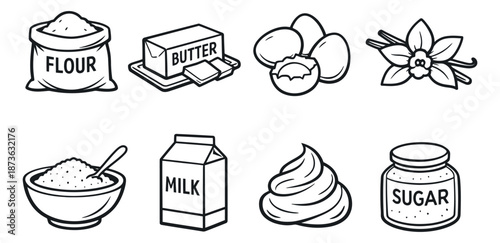 Hand drawn line art baking ingredients set featuring flour, butter, eggs, vanilla, sugar, milk, and cream for cooking and dessert recipes