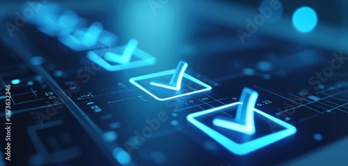 Digital checklist with glowing checkmarks. Interface shows progress with tasks completed. Modern technology for organisation and planning. System verified and approved with success.