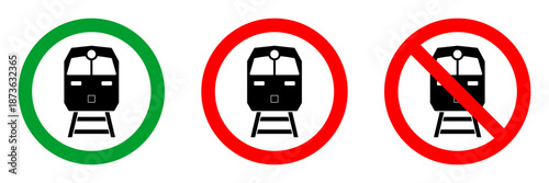 no train zone red circle sign, front view silhouette in green circle pictogram, allowed round vector icon