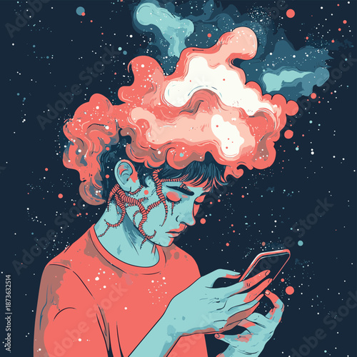 Mobile phone internet addiction, vector illustration of addicted man holding a phone with worms growing from it, brain damaging and degradation. , vector style simple color