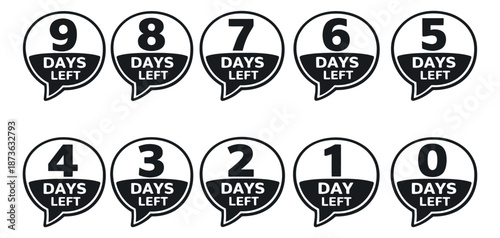 Modern graphic countdown timer badges set featuring numbers 0 to 9 and 'days left' messages for marketing and promotions