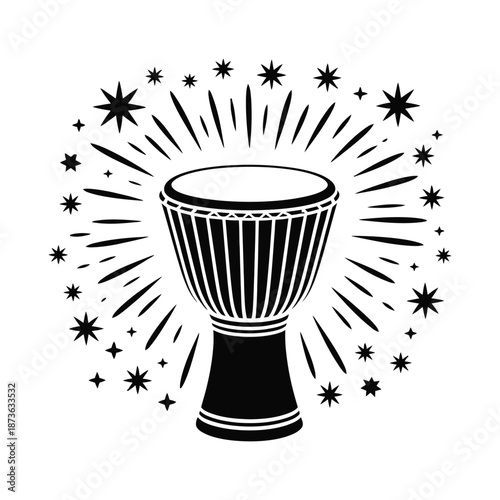 Djembe drum surrounded by stars and lines in bold black and white design representing music and cultural rhythm in graphic art