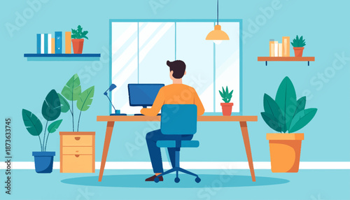 Flat vector illustration Focused person working remotely at a modern home office desk with computer, plants, and decor, symbolizing productivity and contemporary digital work-life