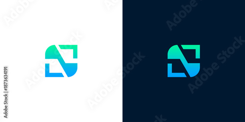 Dynamic abstract geometric logo design featuring a sleek green to blue gradient, symbolizing connection, flow, and digital advancement, ideal for modern technology branding