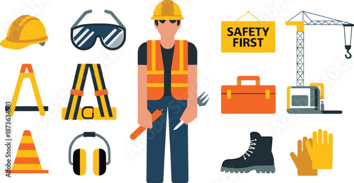 Construction safety gear illustration with cartoon worker, PPE items, tools, crane, and “Safety First” sign for workplace awareness
