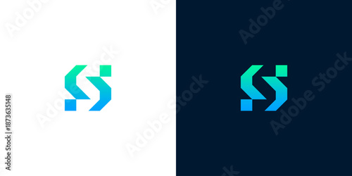 A stylized letter S logo displayed on contrasting white and dark blue backgrounds showcasing graphic design elements