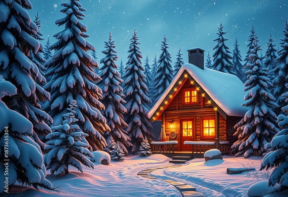 Fototapeta premium A whimsical winter scene featuring a cozy cabin nestled amongst snow-covered evergreens, illuminated by warm firelight, enchanted, snow