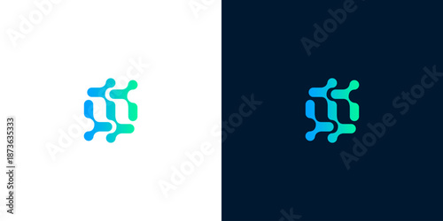Abstract logo design on contrasting backgrounds showcasing a stylized molecular structure