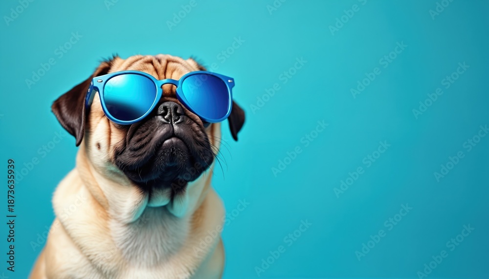 Fototapeta premium Funny pug dog wearing blue sunglasses against a bright blue background. This cute pet has wrinkled face and looks cool. Great for summer themes and pet related content.