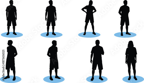 Black silhouette set of men and woman in shorts and summer clothing standing on blue circular platforms for social distancing.