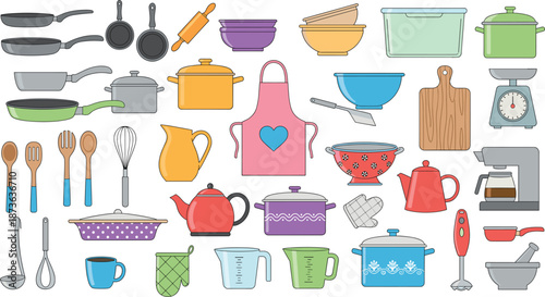 Kitchen Utensils and Cookware Cartoon Set with Pots Pans Apron Kettle Measuring Cups Vector Illustration