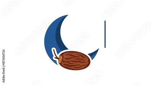 A brown walnut with a stem attached on a blue crescent shape on white background