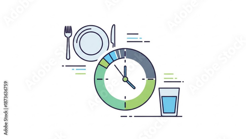 Colorful illustration of a plate with utensils and a glass next to a clock representing meal