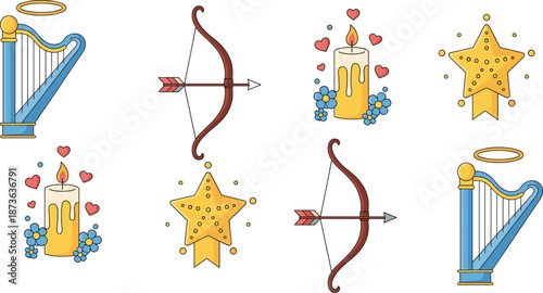 Religious and Romantic Icon Set with Harp, Bow and Arrow, Candle with Hearts, Golden Star, and Angel Halo Vector