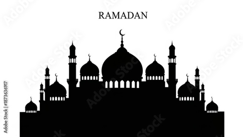 A serene silhouette of a mosque with domes and minarets against a white background