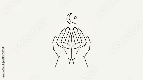 Praying hands with crescent moon and star symbolizing spirituality and faith