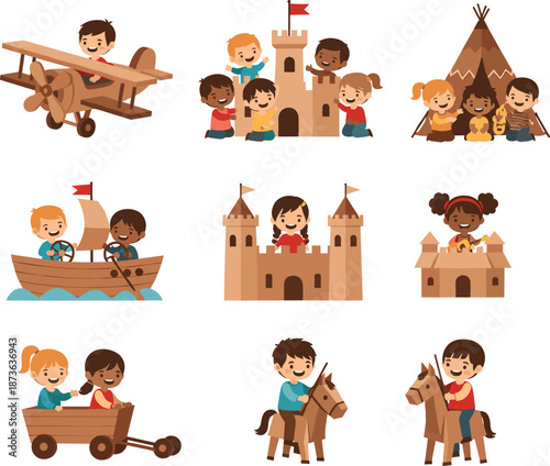 Kids Imaginative Play Activities, Children Adventure Games with Castle Plane Horse and Boat, Cute Vector Illustration