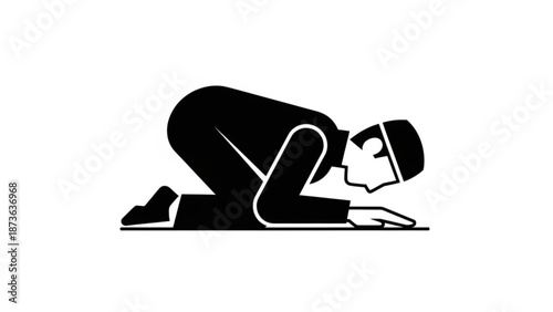Man in prostrate position on ground with hands and knees bent in prayer or exercise