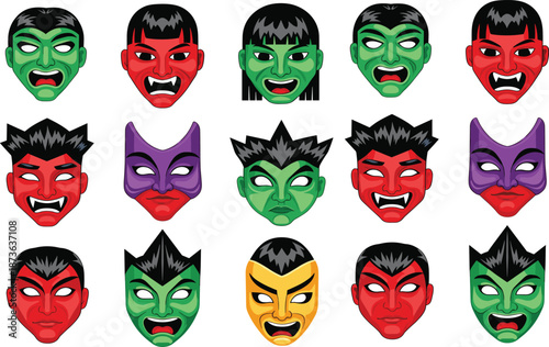 Scary Monster and Villain Faces Collection, Colorful Horror Mask Characters Set, Comic Style Vector Illustration