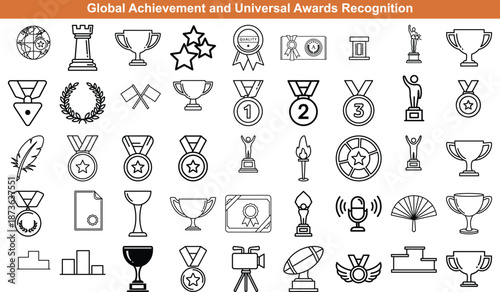 A comprehensive collection of outline icons representing global achievement, universal awards, and recognition symbols