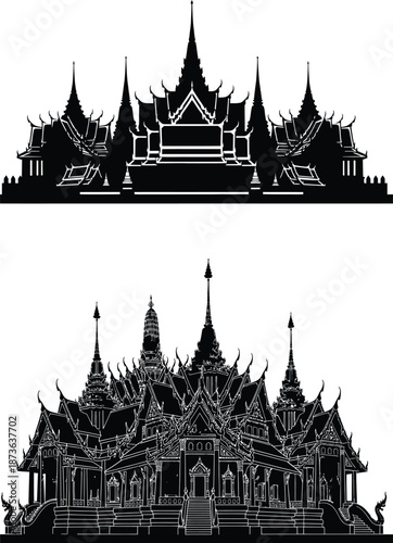 Classic Thai temple silhouette with elegant spires and multi tiered roofs capturing traditional Southeast Asian architecture