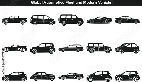Collection of black vector silhouettes showcasing various modern and classic passenger vehicles and trucks