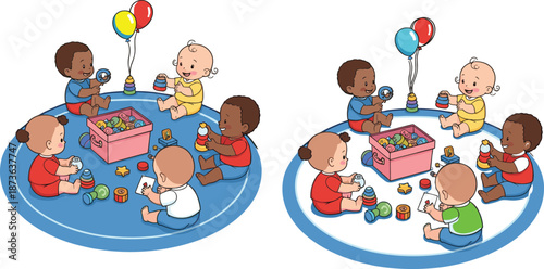 Babies Playing Together Vector Illustration, Toddlers Group Playtime, Nursery Kids Toys, Early Childhood Learning Scene