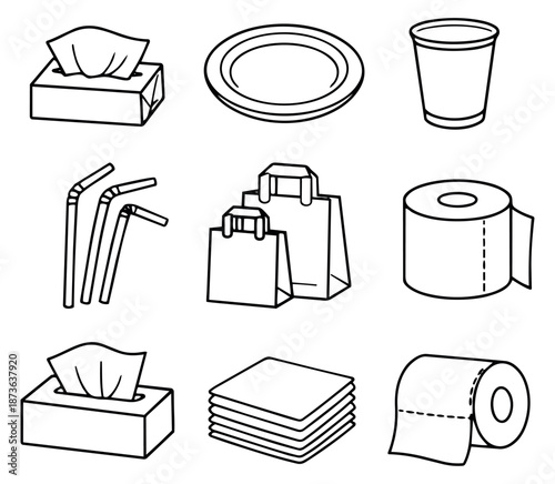 Hand drawn disposable products set featuring paper plates, cups, napkins, and toilet paper for convenience and hygiene
