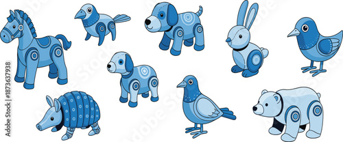Blue Mechanical Toy Animal Vector Illustration Set with Robotic Horse, Dog, Bird, Rabbit and Bear Characters