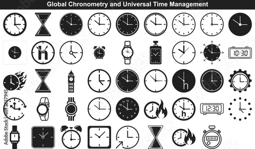 Collection of timekeeping devices and chronometry icons for universal management concepts