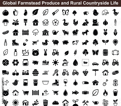 Comprehensive set of farm animals, crops, gardening tools, and countryside elements for agricultural themes