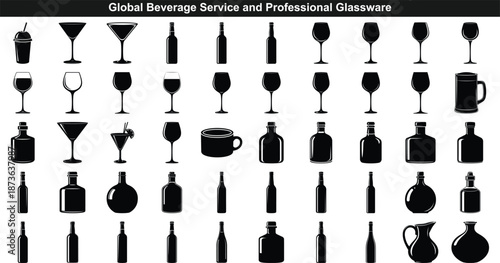 Comprehensive set of global beverage service and professional glassware container silhouettes