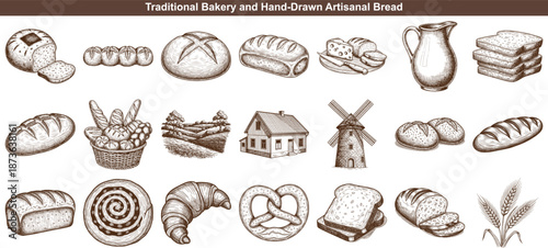 Engraving style hand drawn sketches depicting various artisanal bread types and traditional bakery elements