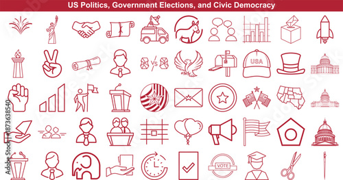 US politics government and election icons set illustrating civic democracy and voting concepts