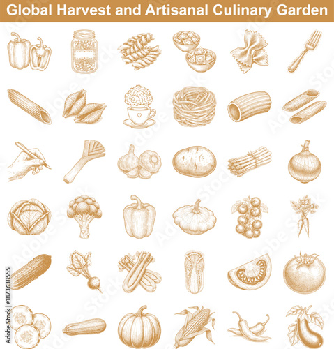 Rustic hand drawn assortment of fresh garden vegetables and dry pasta shapes for global harvest themes