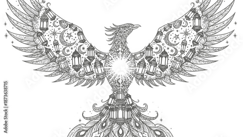 Intricate phoenix illustration blending traditional lanterns and celestial motifs in monochrome