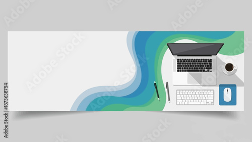 Workplace banner with laptop computer, keyboard, mouse and coffee in office  workspace with