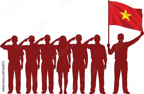 Vietnamese citizens stand in salute to honor their nation's flag on white background