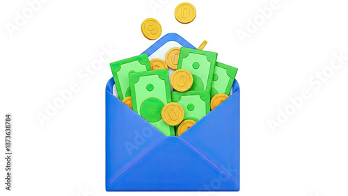 Blue Envelope Overflowing with Cash and Coins