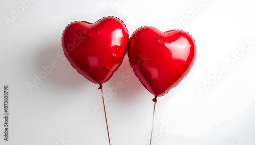 Two red heart-shaped balloons floating together, symbolizing love and affection, in a minimalist style on a white background, representing Valentine's Day or anniversary celebration.