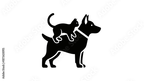 Silhouette of a cat riding on the back of a dog, portraying interspecies friendship and cooperation