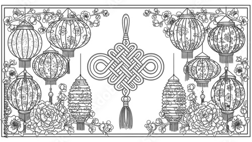 Elaborate monochrome drawing showcasing chinese lanterns, knots and peony blossoms, perfect for