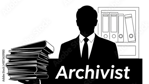 Silhouette of an archivist in a suit with books and folders representing records management