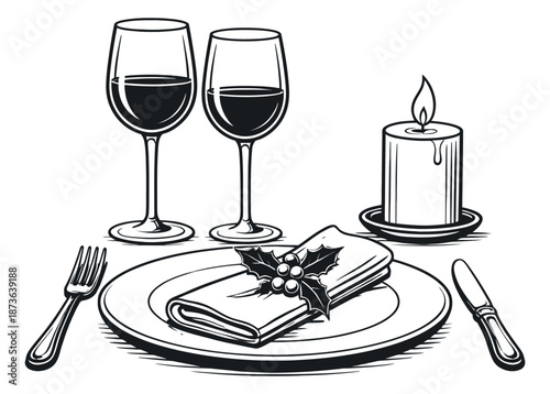 Hand drawn line art festive dinner setting set featuring wine glasses, a candle, and a place setting with holly for holiday celebration