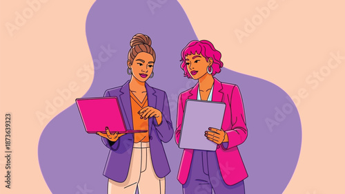Dynamic illustration of two female professionals discussing innovative business strategies and
