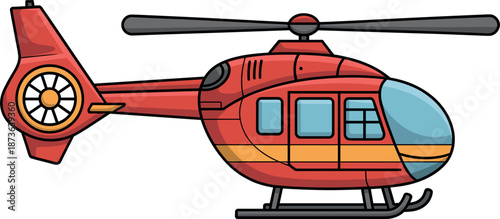Red rescue helicopter vector illustration with yellow stripe isolated on white background flat cartoon style for emergency aviation transport and medical services